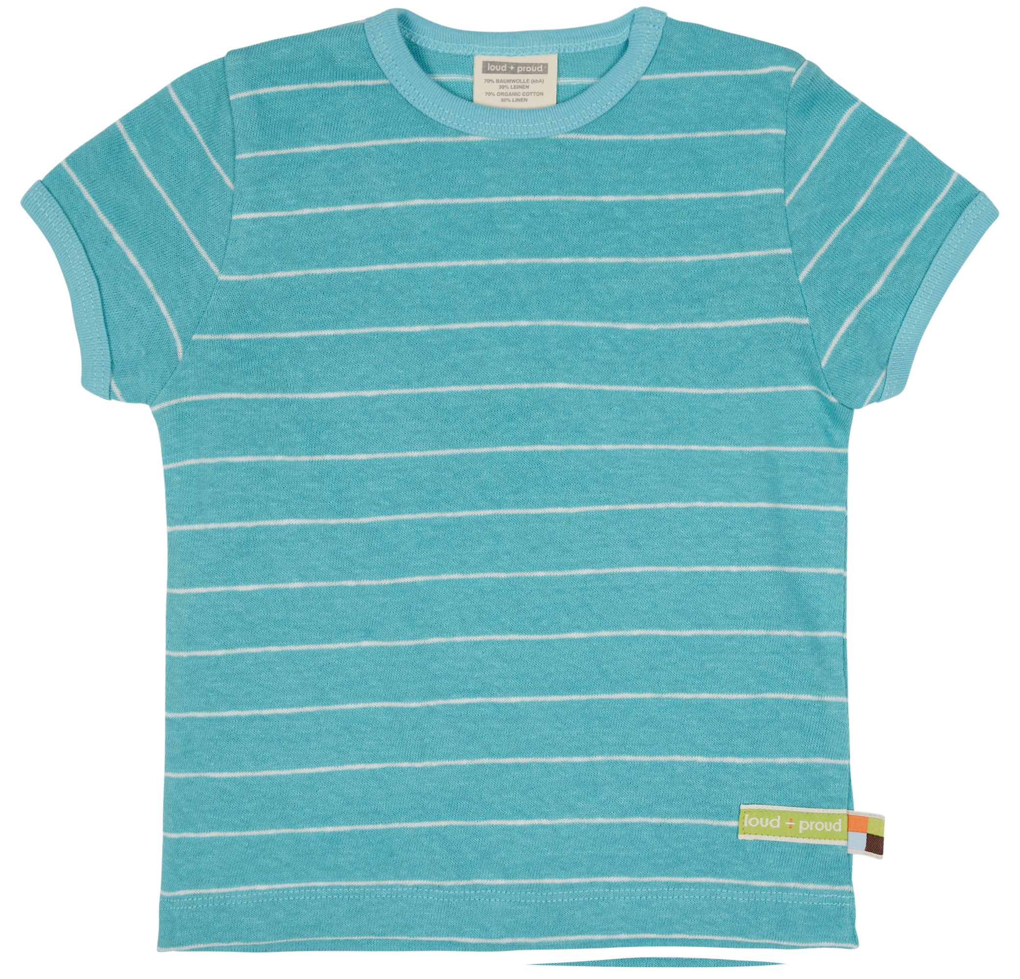 T-Shirt, Baumwolle-Leinen, gestreift, cyan-blau, GOTS 